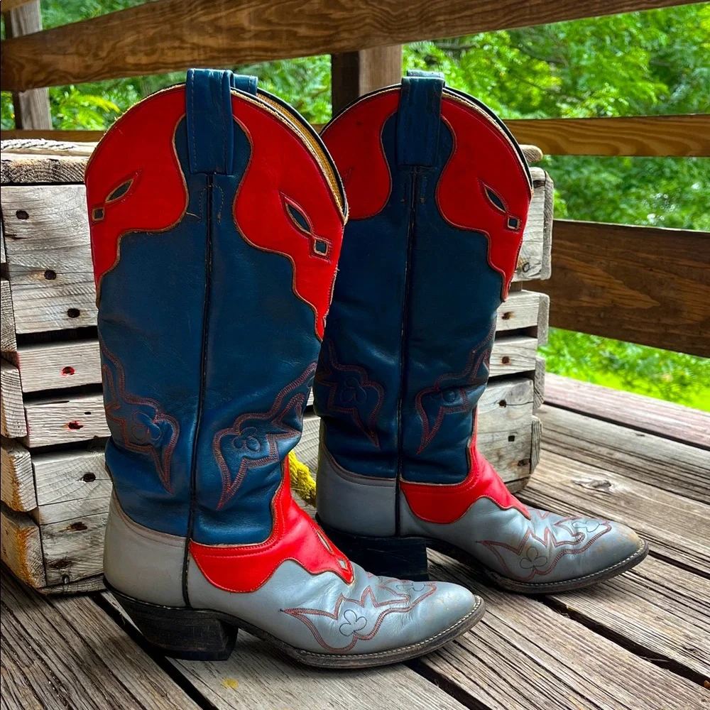 Vintage Laramie Handmade Western Boots Tri Color Red Blue Gray Leather Size 7 - Picture 9 of 17